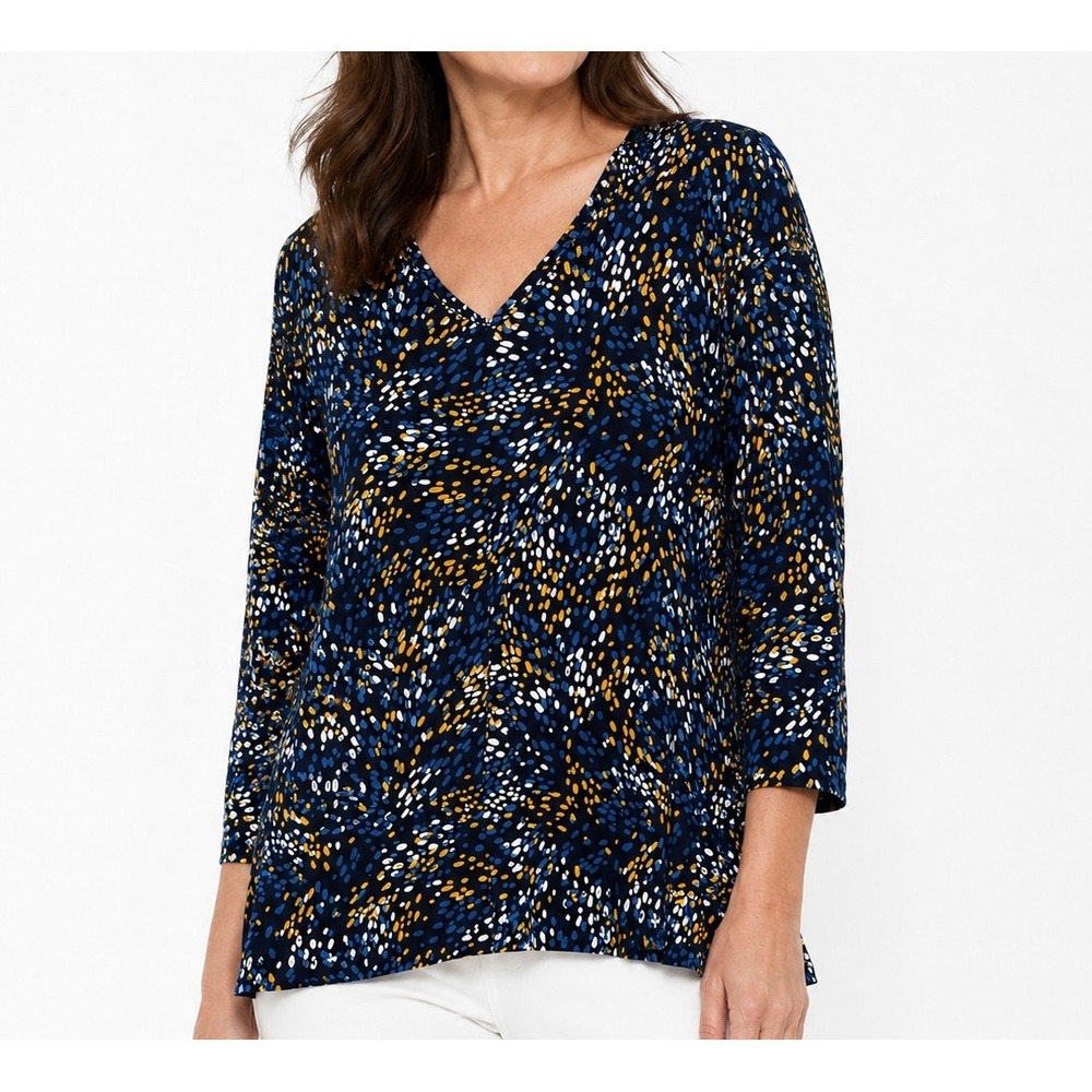 Chicos Pima Cotton 3/4 Sleeve V-Neck Tunic Top Navy Blue Yellow Dot Size 3 XL